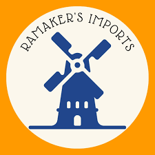 Ramakers Logo. Orange background with blue windmill, and Ramakers Imports written across the top